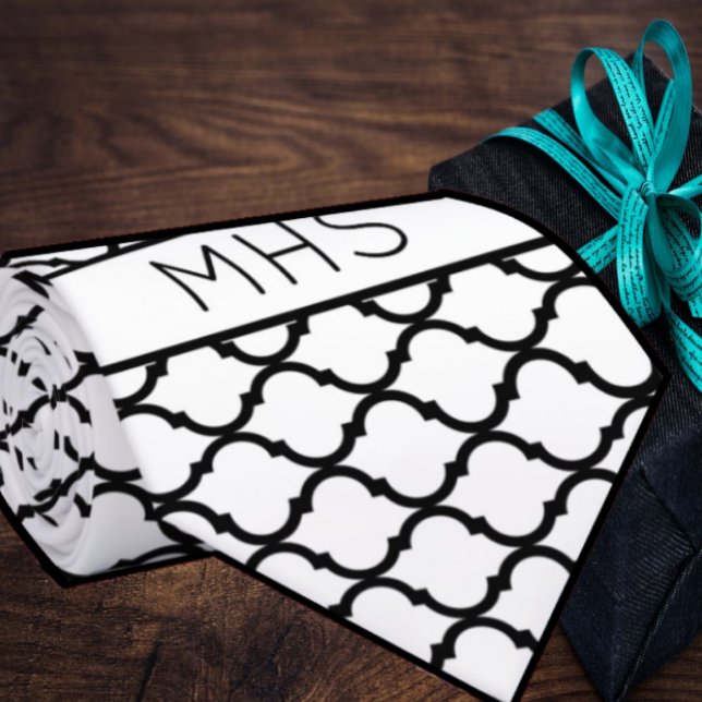 Custom Quatrefoil Geometric Monogram White Black Neck Tie (Creator Uploaded)