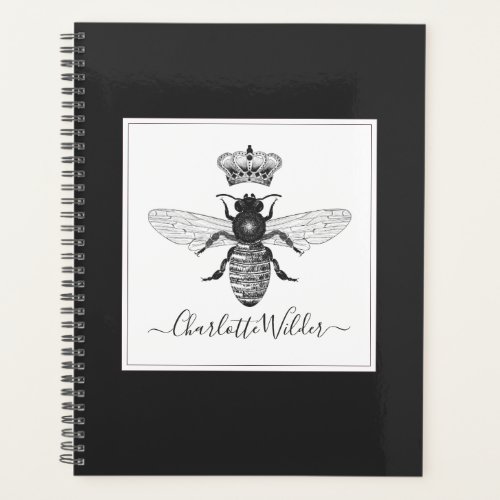 Custom Queen Bee And Crown Script Signature Black Planner