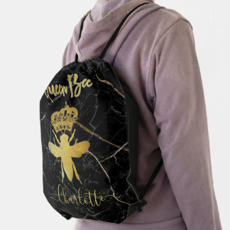 Custom QUEEN BEE Black Marble Gold Undated Academc Drawstring Bag