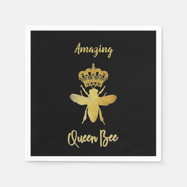 Custom QUEEN BEE Gold Black Beverage Cocktail Napkins (Front)