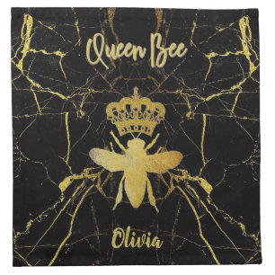 Custom QUEEN BEE Gold Black Marble Cloth Beverage Napkin