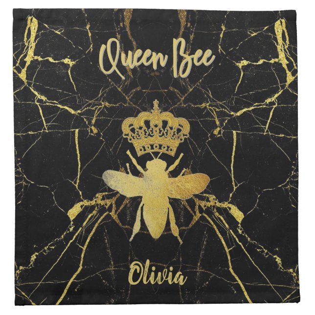 Custom QUEEN BEE Gold Black Marble Cloth Beverage Napkin (Front)