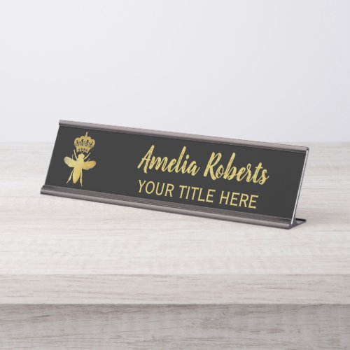 Custom QUEEN BEE Gold Black NameplateHolder Desk Name Plate