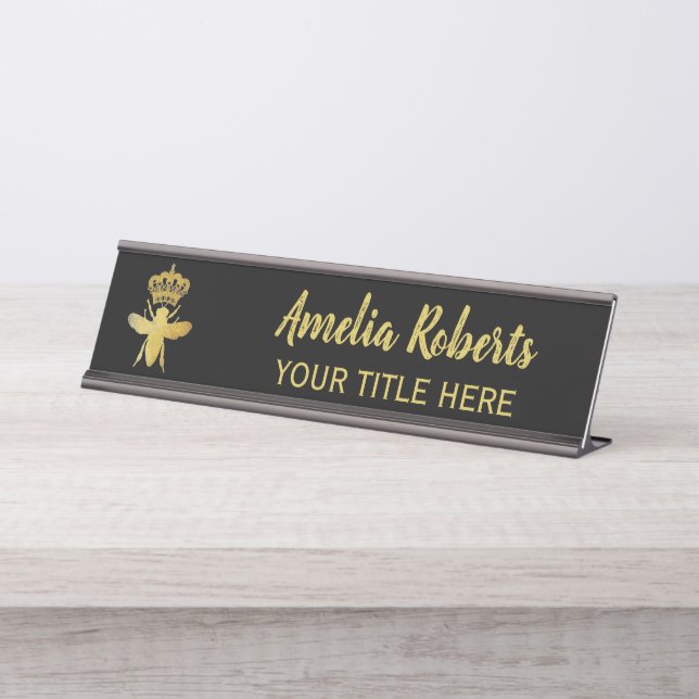 Custom QUEEN BEE Gold Black Nameplate Holder Desk Name Plate (Front)