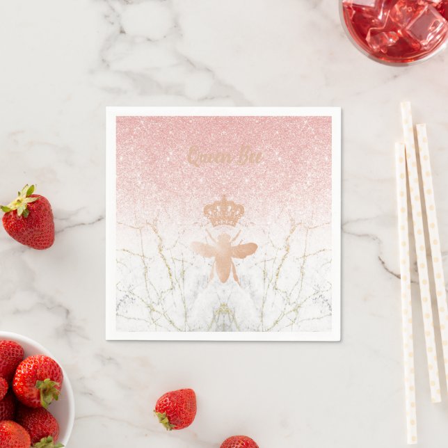 Custom QUEEN BEE Pink Rose Gold Beverage Cocktail Napkins (Insitu)