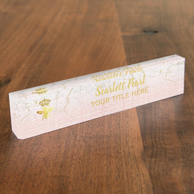 Custom QUEEN BEE Rose Gold Marble Nameplate Holder (Side)