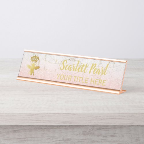 Custom QUEEN BEE Rose Pink Glitte NameplateHolder Desk Name Plate