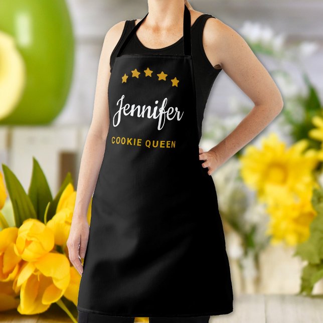 Custom Queen King Name Text Elegant Black Gold Apron (Creator Uploaded)