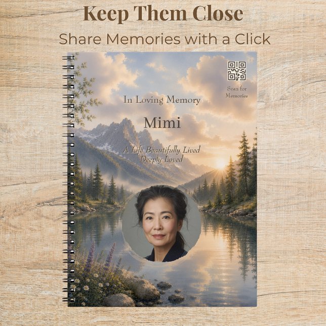 Custom Quiet Waters Memorial Journal with QR Code (Custom memorial journal with photo and QR code featuring a peaceful watercolor mountain lake design.)