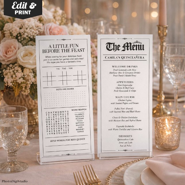 Custom Quinceañera Menu, Black White Interactive Menu (Custom Quinceañera Menu, Black White Interactive Menu)