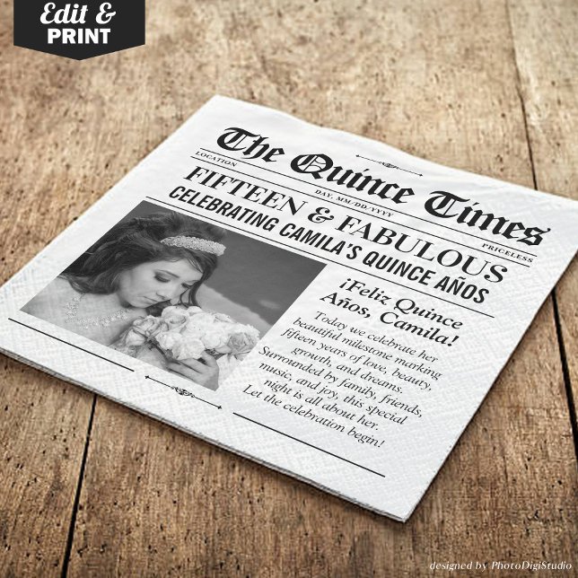 Custom Quinceañera Napkins, Miss Quince Newspaper Napkins (Custom Quinceañera Napkins, Miss Quince Newspaper Napkins)