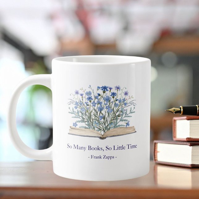 Custom Quote Blue Flowers Grow From Book Giant Coffee Mug (In situ)