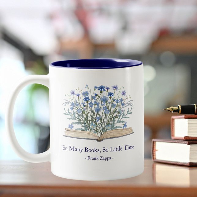 Custom Quote Blue Flowers Grow From Book Two-Tone Coffee Mug (In situ)