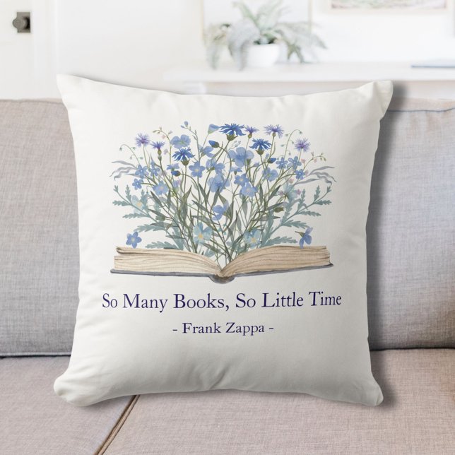Custom Quote Blue Wildflowers Grow From Book Throw Pillow (In situ)