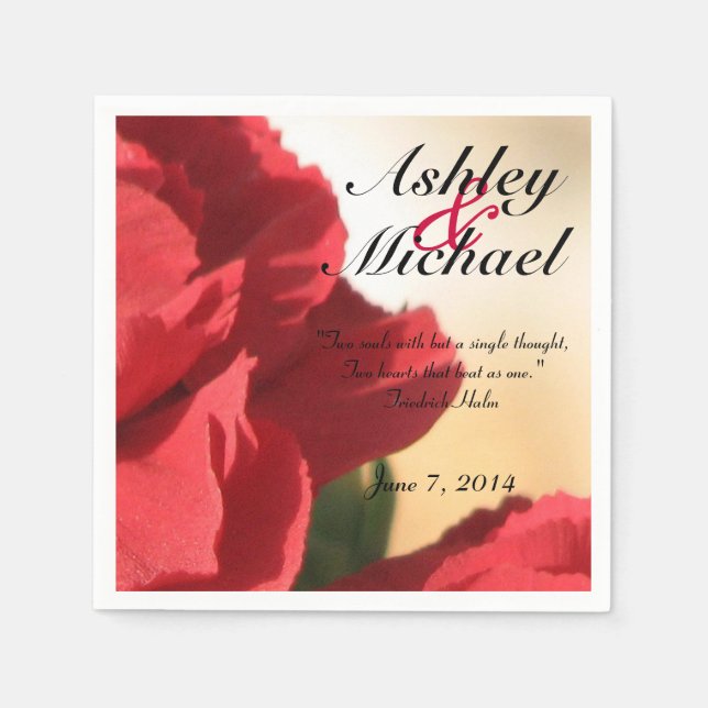 Custom Quote Red Floral Wedding Paper Napkins (Front)