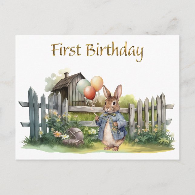 Custom Rabbit First Birthday Postcard (Front)