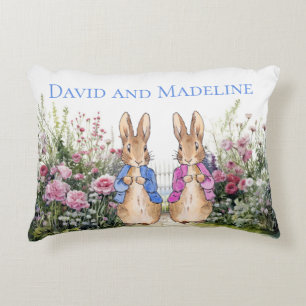 Custom Rabbits in garden twin's name Accent Pillow
