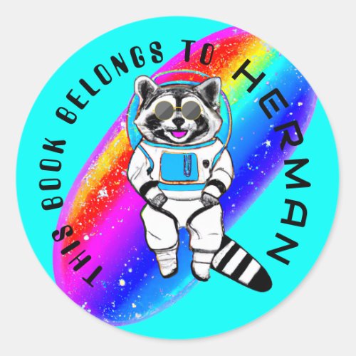 Custom Raccoon Astronaut Rainbow Book Belongs To Classic Round Sticker
