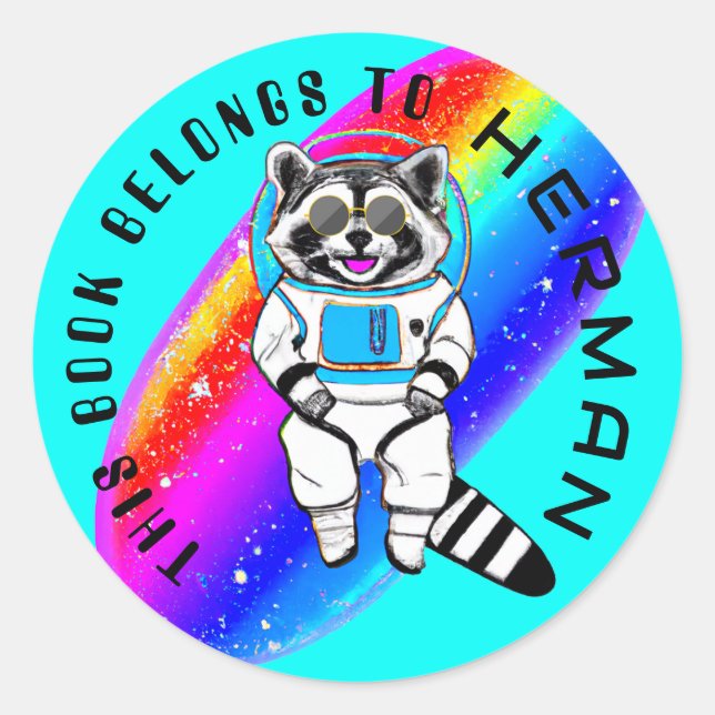 Custom Raccoon Astronaut Rainbow Book Belongs To Classic Round Sticker (Front)
