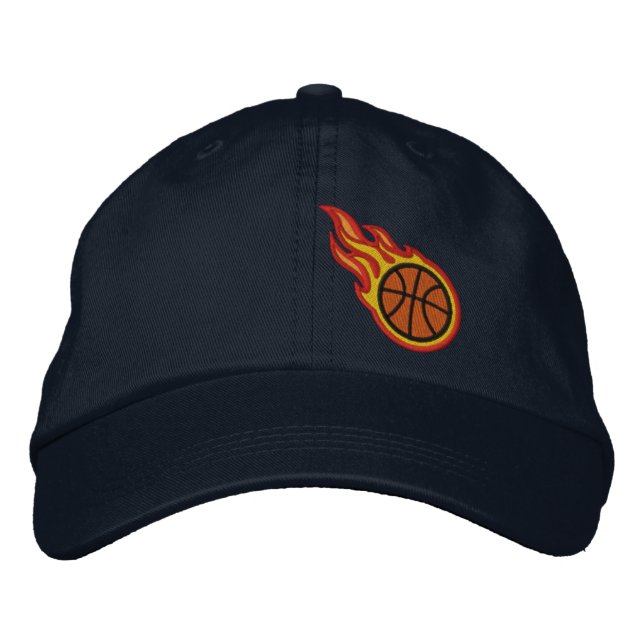 Custom Racing Flames Basketball Bullet Badge Embroidered Baseball Hat (Front)