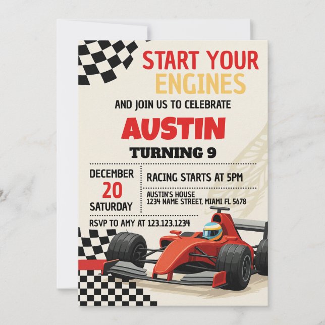 Custom Racing Party Invite for Kids (Front)