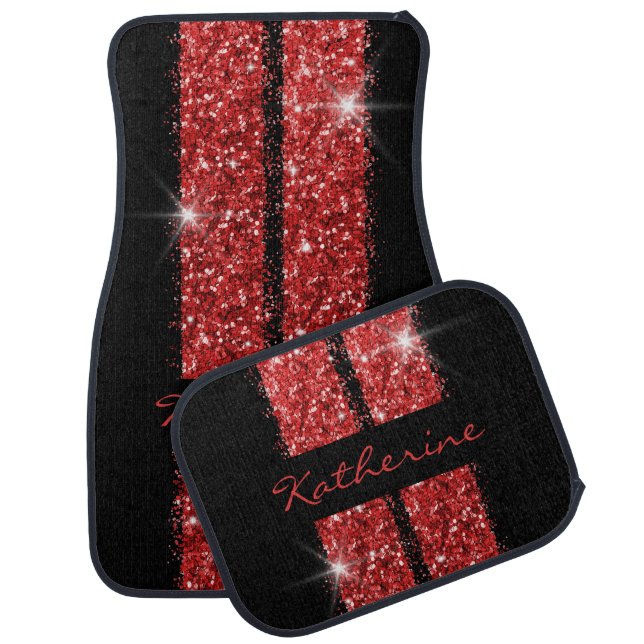 Custom Racing Stripe Glitter Red Car Floor Mat (Set)