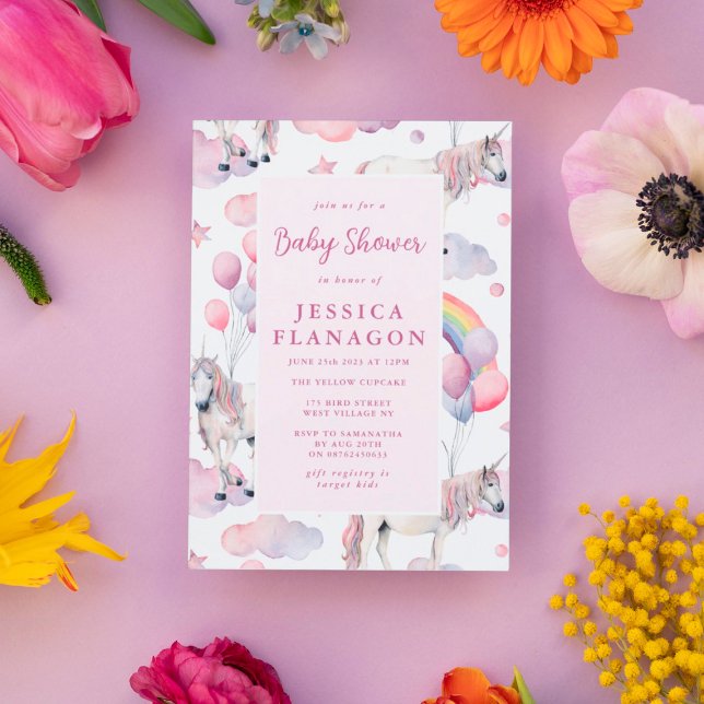 Custom Rainbow Balloons Unicorn Pink Baby Shower Invitation (Creator Uploaded)