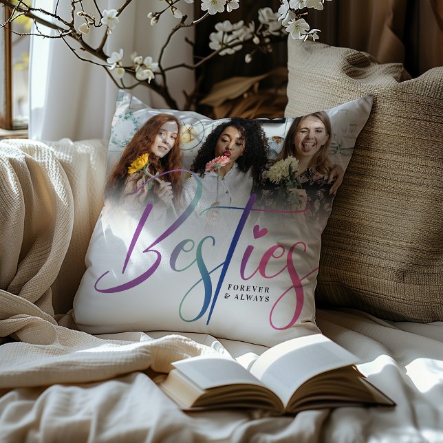 Custom Rainbow Besties, Photo & Text  Throw Pillow (Creator Uploaded)