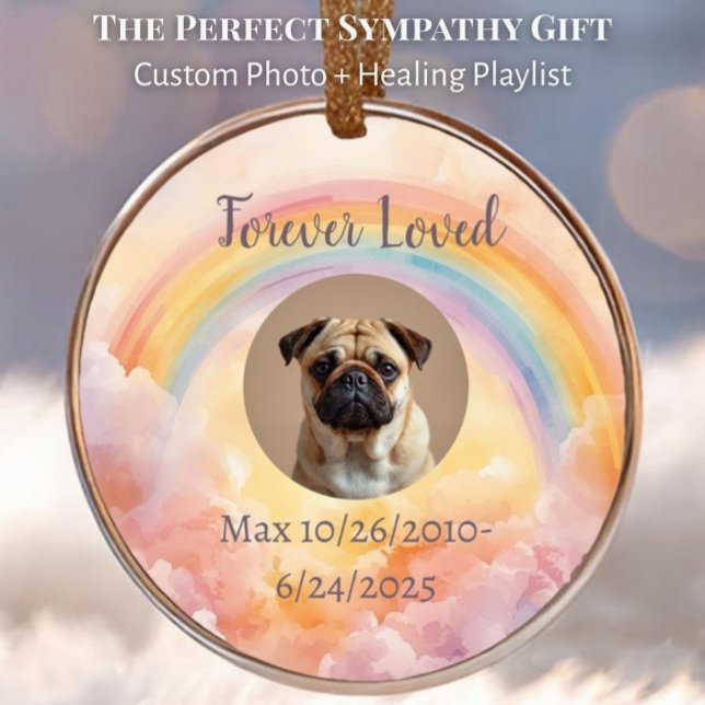Custom Rainbow Bridge Memorial Ornament with Music (Custom pet photo memorial ornament with rainbow bridge & scannable Spotify grief playlist QR code.)