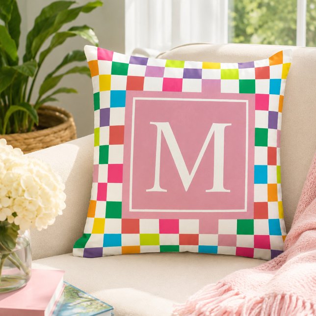 Custom Rainbow Checkered Blush Pink Monogram Throw Pillow (Creator Uploaded)