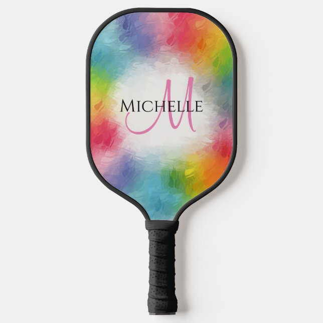 Custom Rainbow Colors Monogram Modern Template Pickleball Paddle (Front)