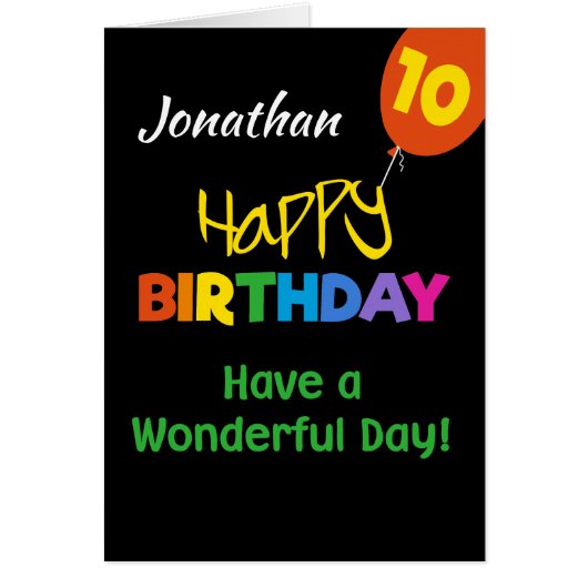 Custom Rainbow Colours on Black 10th Birthday Cards (Front)