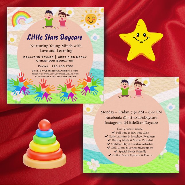 Custom Rainbow Handprint Sun Daycare Card Template (Creator Uploaded)
