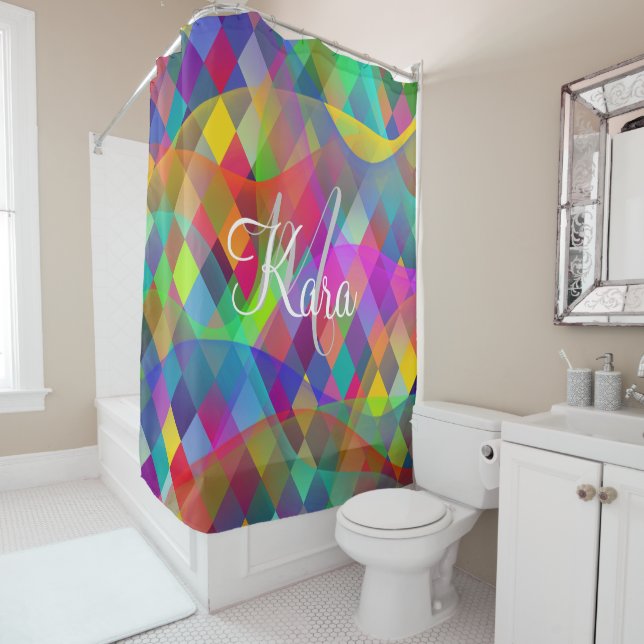 Custom Rainbow Harlequin with colorful smoke  Shower Curtain (In Situ)
