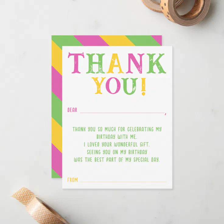 Custom Rainbow Message Fill In Thank You Birthday Note Card Zazzle