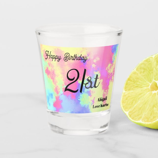 Custom Rainbow Paint Splatter  21st Shot Glass  (Front)