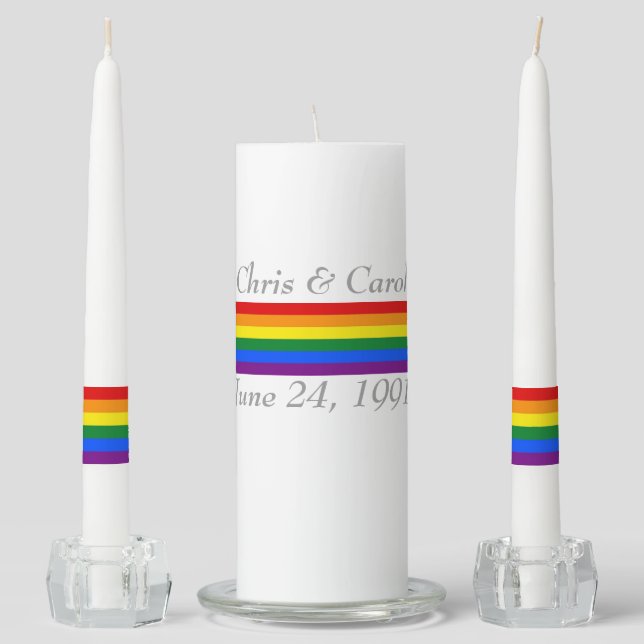Custom Rainbow Pride Flag Wedding Personalized Unity Candle Set (Front)