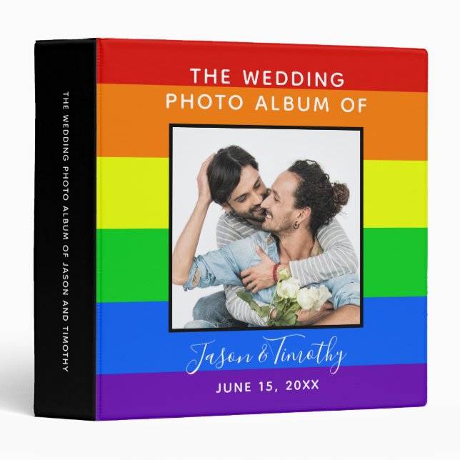 Custom Rainbow Striped LGBTQ Wedding Photo Album 3 Ring Binder (Front/Spine)