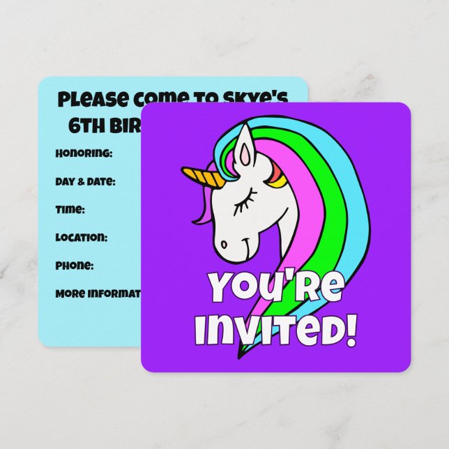 Custom Rainbow Unicorn Invitation (Front/Back)