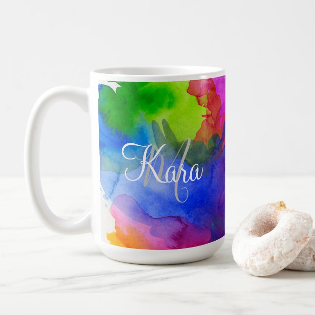 Custom Rainbow Watercolor Coffee Mug (With Donut)