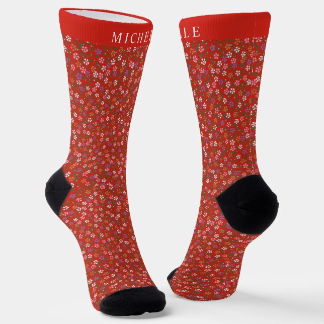 Custom Rd Floral White Pink Christmas Flowers Socks (Angled)