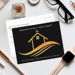 Custom Real Estate Company Black Gold Marketing Postcard<br><div class="desc">This chic real estate company marketing postcard is custom made with your realty company and agent name. This classy black and gold realtor advertisement features a pretty house with a weather vane on top and sleek curves underneath. Personalize these business promotion postcards with your own information.</div>