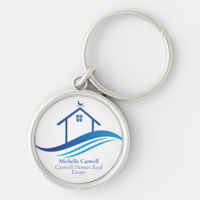 Custom Real Estate Company Blue Home Modern Logo Keychain (Front)