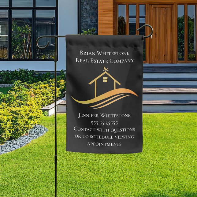 Custom Real Estate Company Chic Black Gold House Garden Flag (Creator Uploaded)