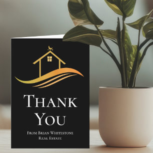 Custom Real Estate Company Chic Black Gold Letterpress Thank You Card