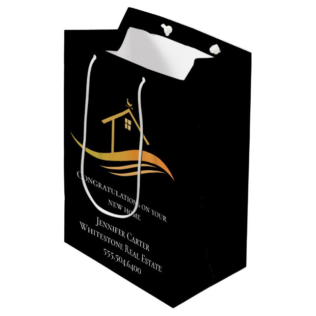Custom Real Estate Company Chic Black Gold Medium Gift Bag (Front Angled)