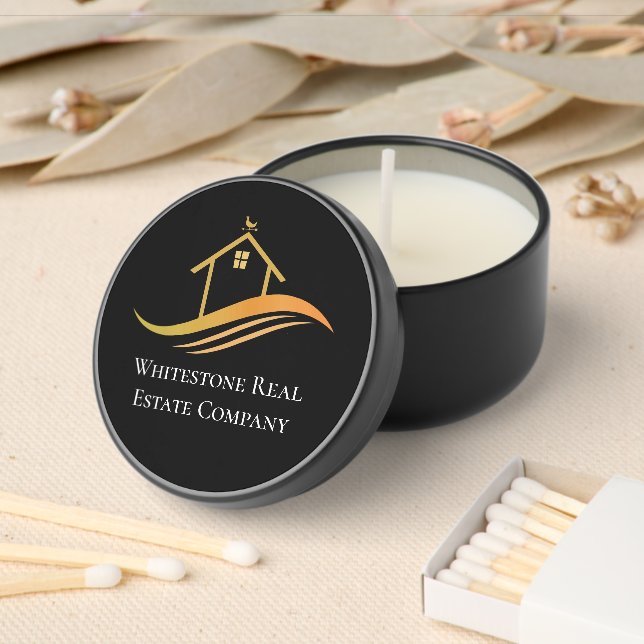 Custom Real Estate Company Chic Black Gold Mini Candle Favors (Insitu)