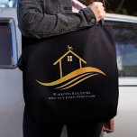 Custom Real Estate Company Chic Black Gold Realtor Tote Bag<br><div class="desc">This chic real estate company tote bag is custom made with your realty company and agent name. These classy marketing black tote bags feature a pretty house with a gold weathervane on top and sleek curves underneath. Personalize with your business website underneath.</div>