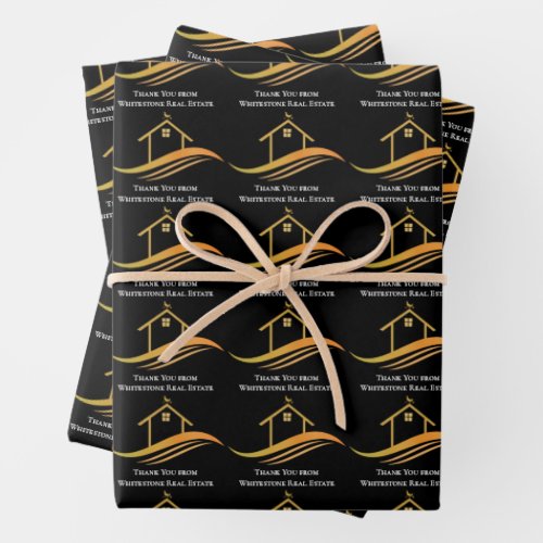 Custom Real Estate Company Chic Black Gold Realtor Wrapping Paper Sheets