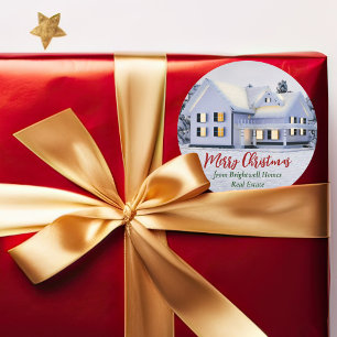 Custom Real Estate Company Christmas Winter House Classic Round Sticker